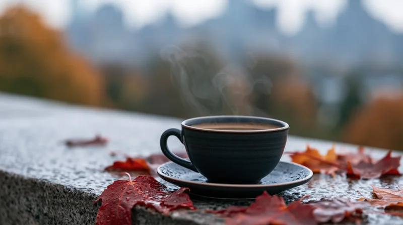 Steaming coffee cup on wet stone ledge with autumn leaves and blurred mountains in background