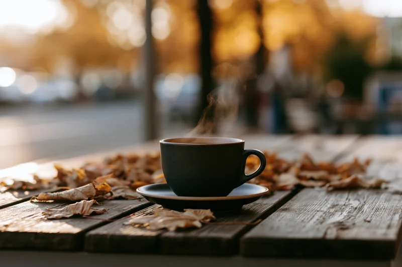 Steaming coffee cup on saucer with autumn leaves on weathered wooden table outdoors