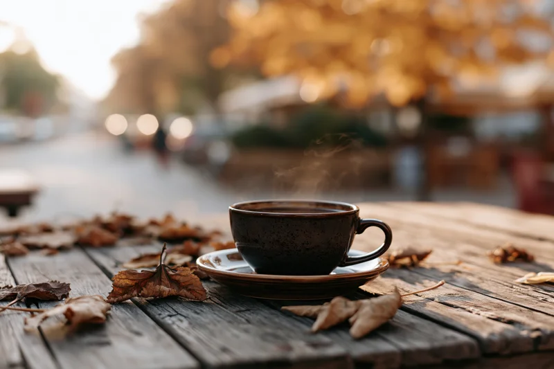 Steaming coffee cup on a saucer resting on a weathered wooden table outdoors surrounded by autumn leaves