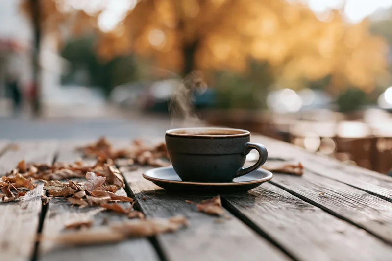 Steaming coffee cup on a saucer resting on a weathered wooden table outdoors with autumn leaves scattered around