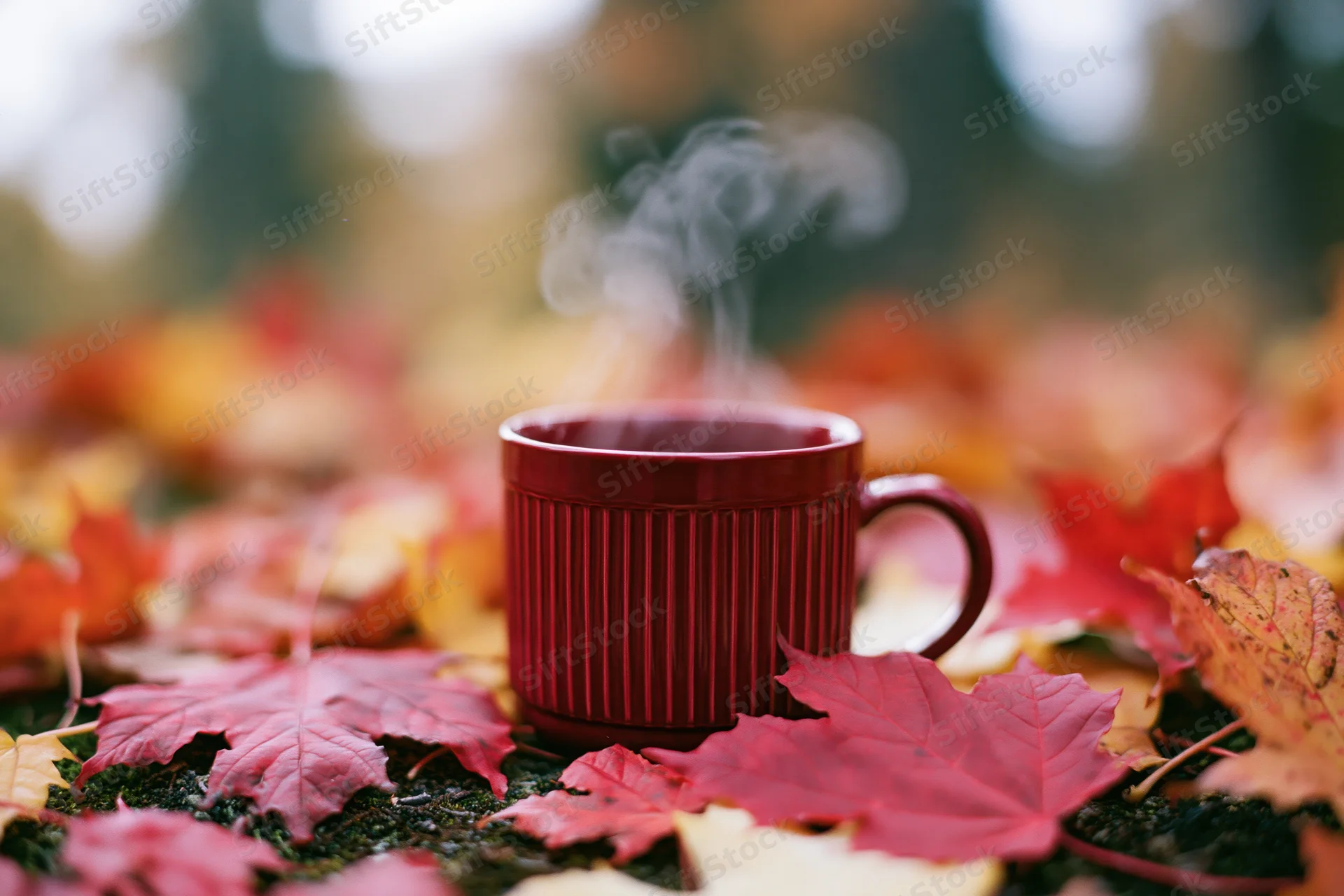 Red ribbed ceramic mug steaming on a bed of autumn maple leaves outdoors