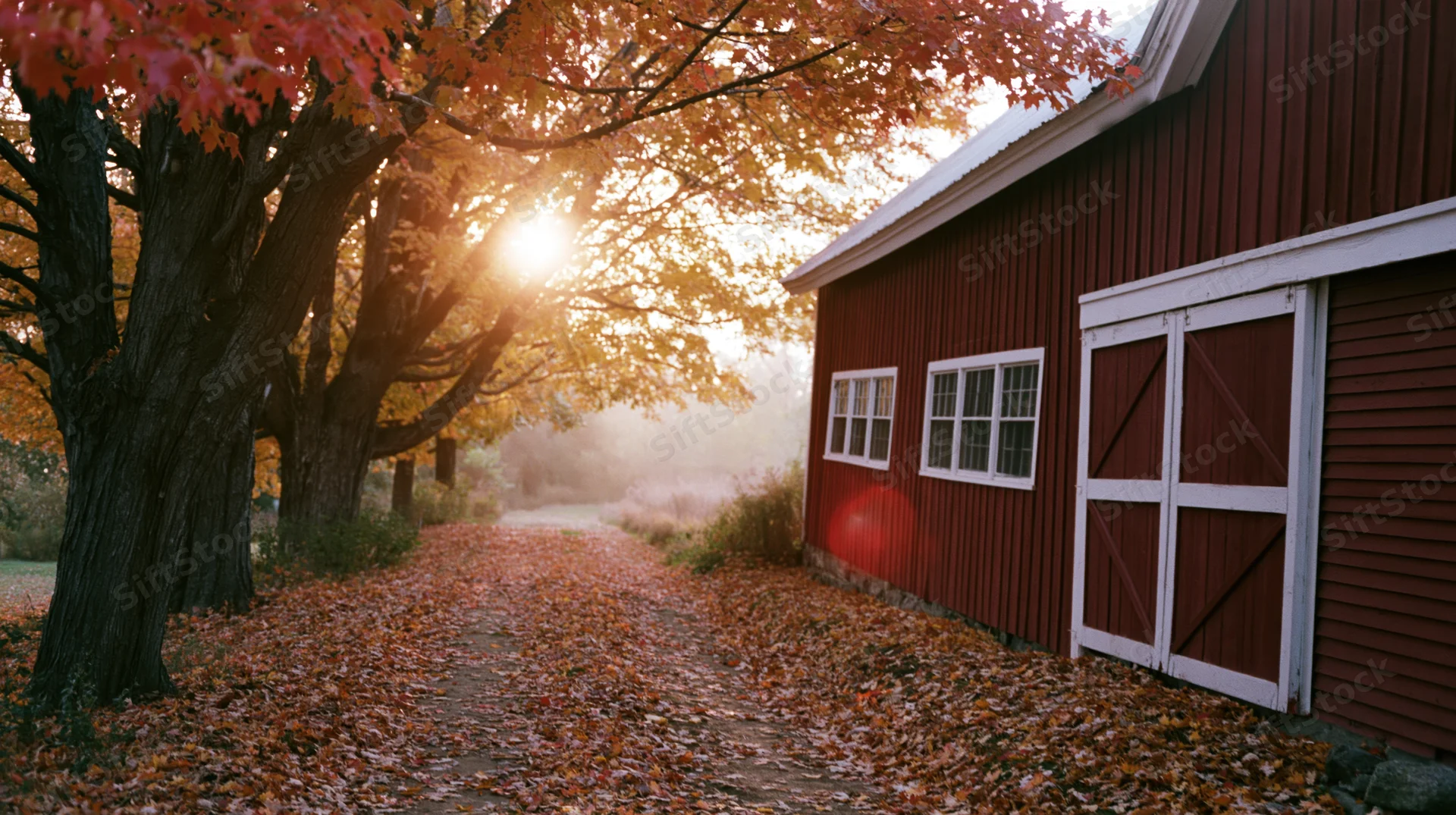 Red wooden barn beside leaf-covered rural path at sunset
