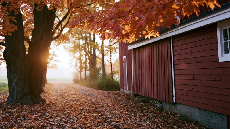 Red wooden barn beside leaf-covered rural path at sunrise