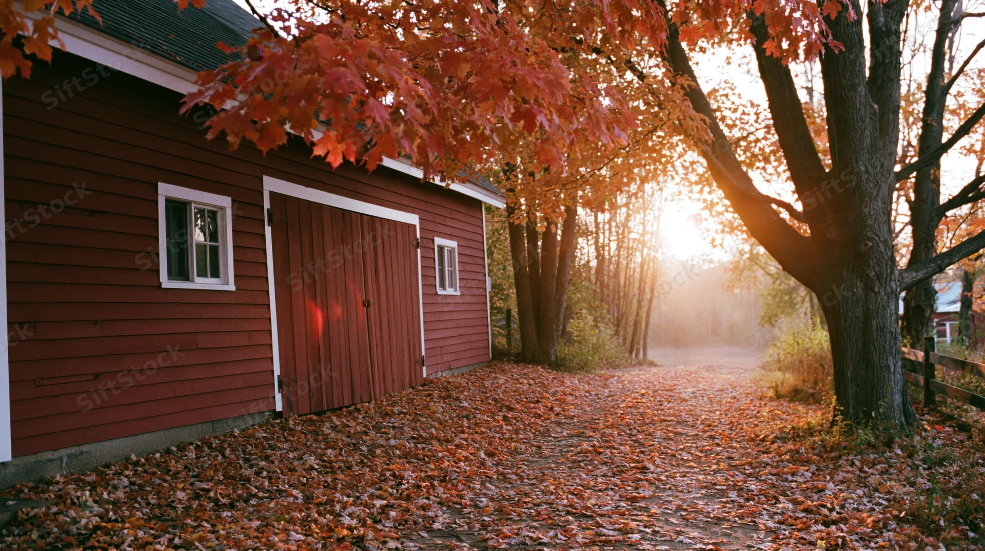 Dark red wooden barn beside leaf-covered rural path at sunset