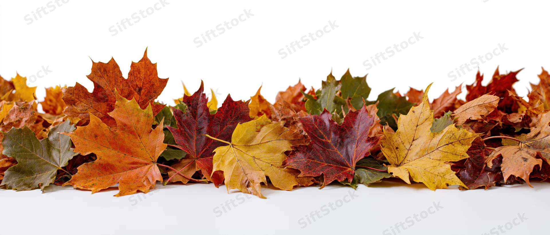 A horizontal row of fallen autumn maple leaves arranged as a border on a white background