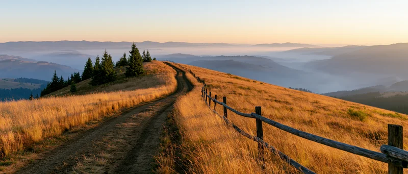 Winding dirt road through golden meadow grass on a hill at sunset with wooden fence and distant mountains