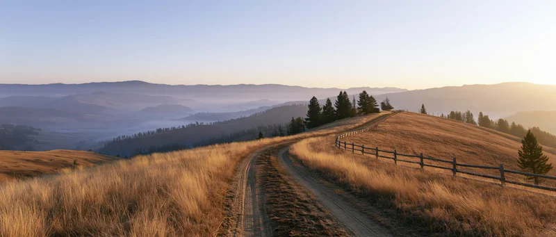 Winding dirt road through golden meadow grass on rolling hills at sunset