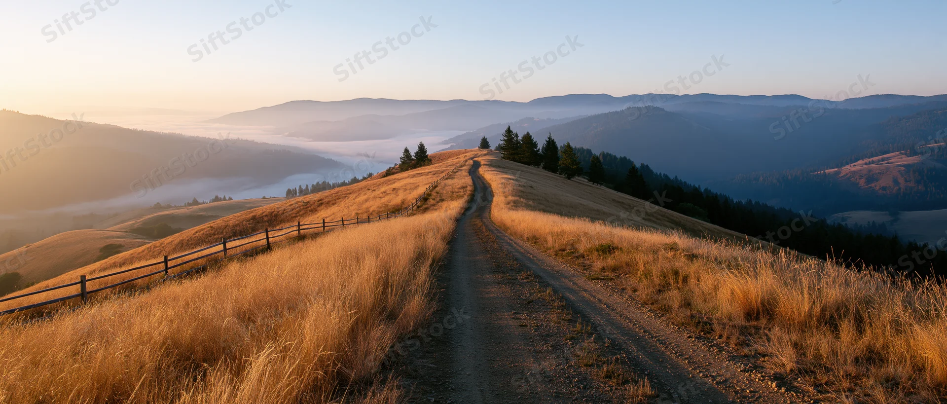 Winding dirt road through golden meadow grass on a hillside at sunrise