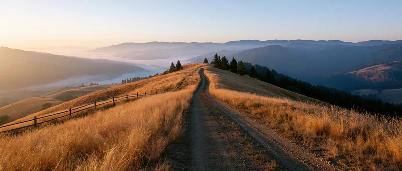 Winding dirt road through golden meadow grass on a hillside at sunrise