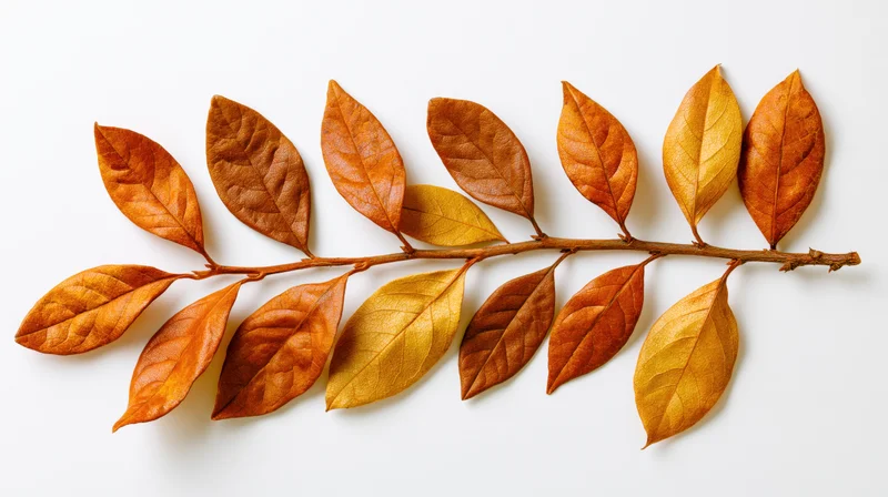 Dried autumn branch with orange and brown leaves arranged flat on white background