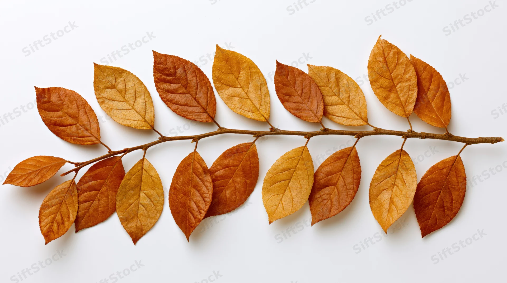 Dried autumn branch with orange and brown leaves arranged horizontally on white background
