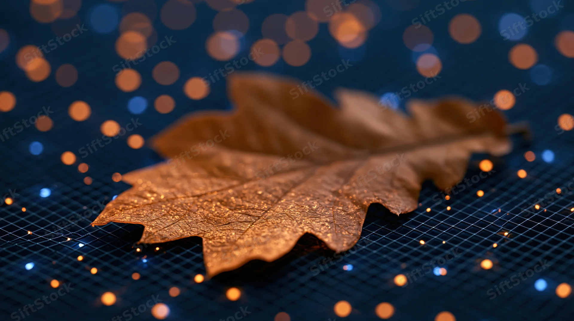 Dry autumn oak leaf resting on dark digital mesh grid with bokeh lights