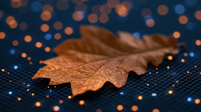 Dry autumn oak leaf resting on dark digital mesh grid with bokeh lights
