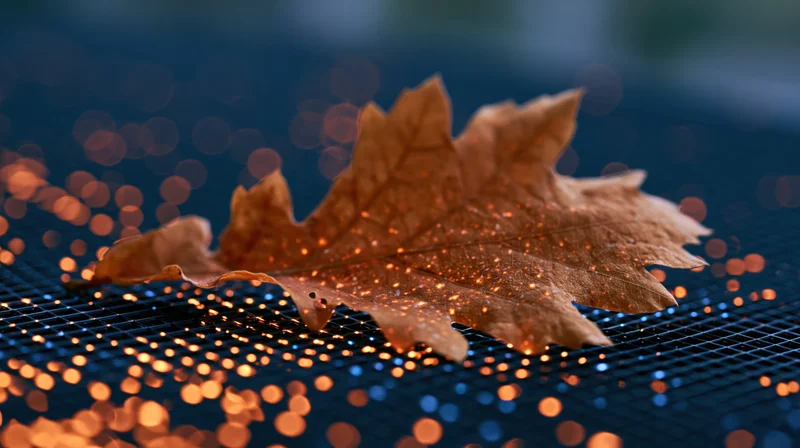 Dry autumn oak leaf resting on dark digital mesh grid with glowing bokeh lights