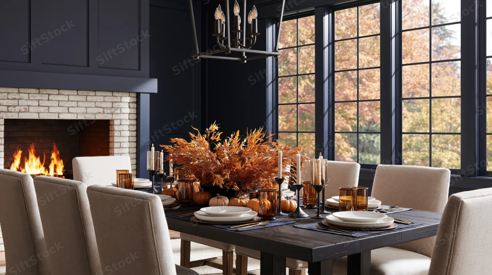 Dining table set with fall centerpiece and candles near fireplace and windows