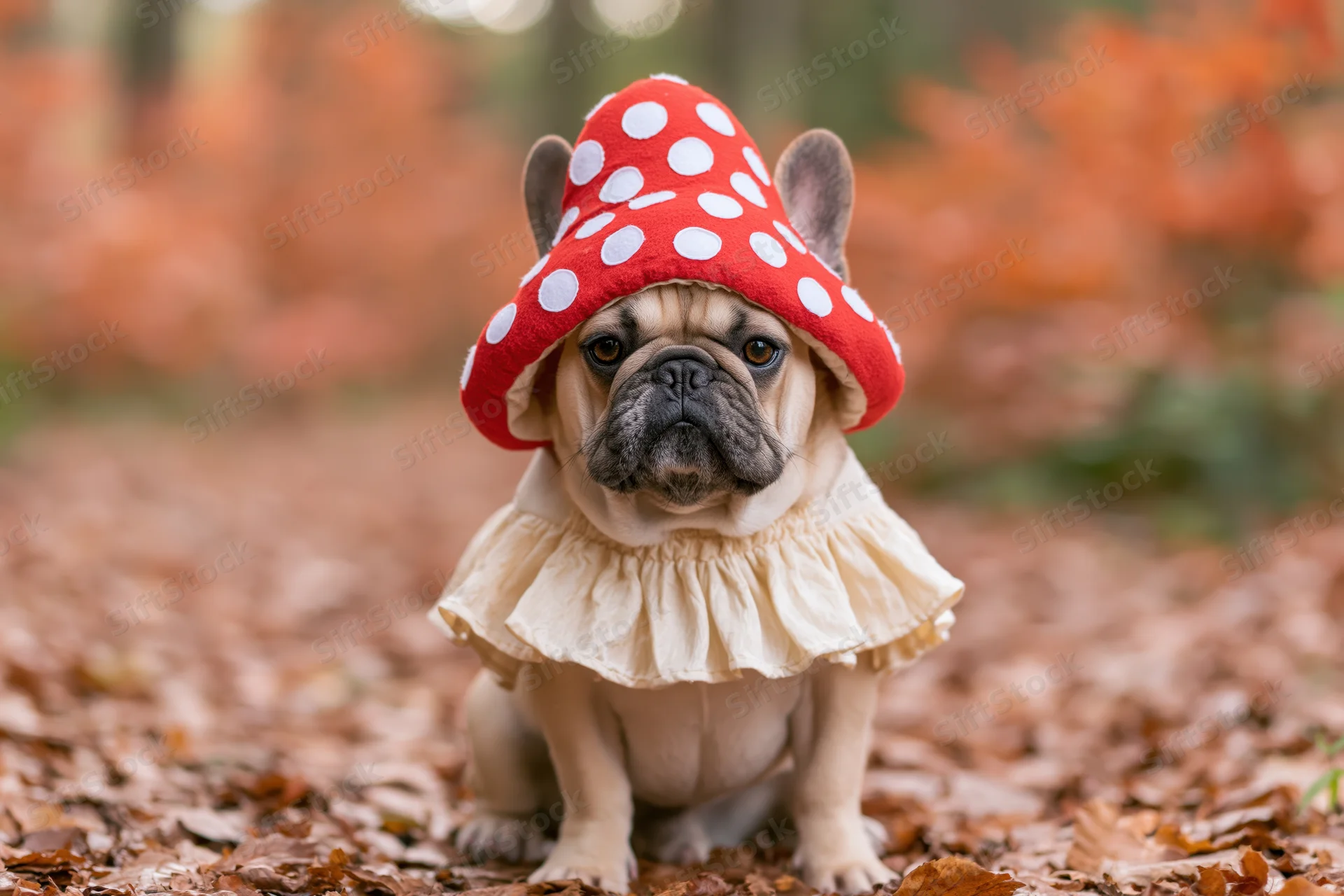 Fawn french bulldog sitting upright in a red and white polka dot mushroom hat on a leaf-covered forest path in autumn