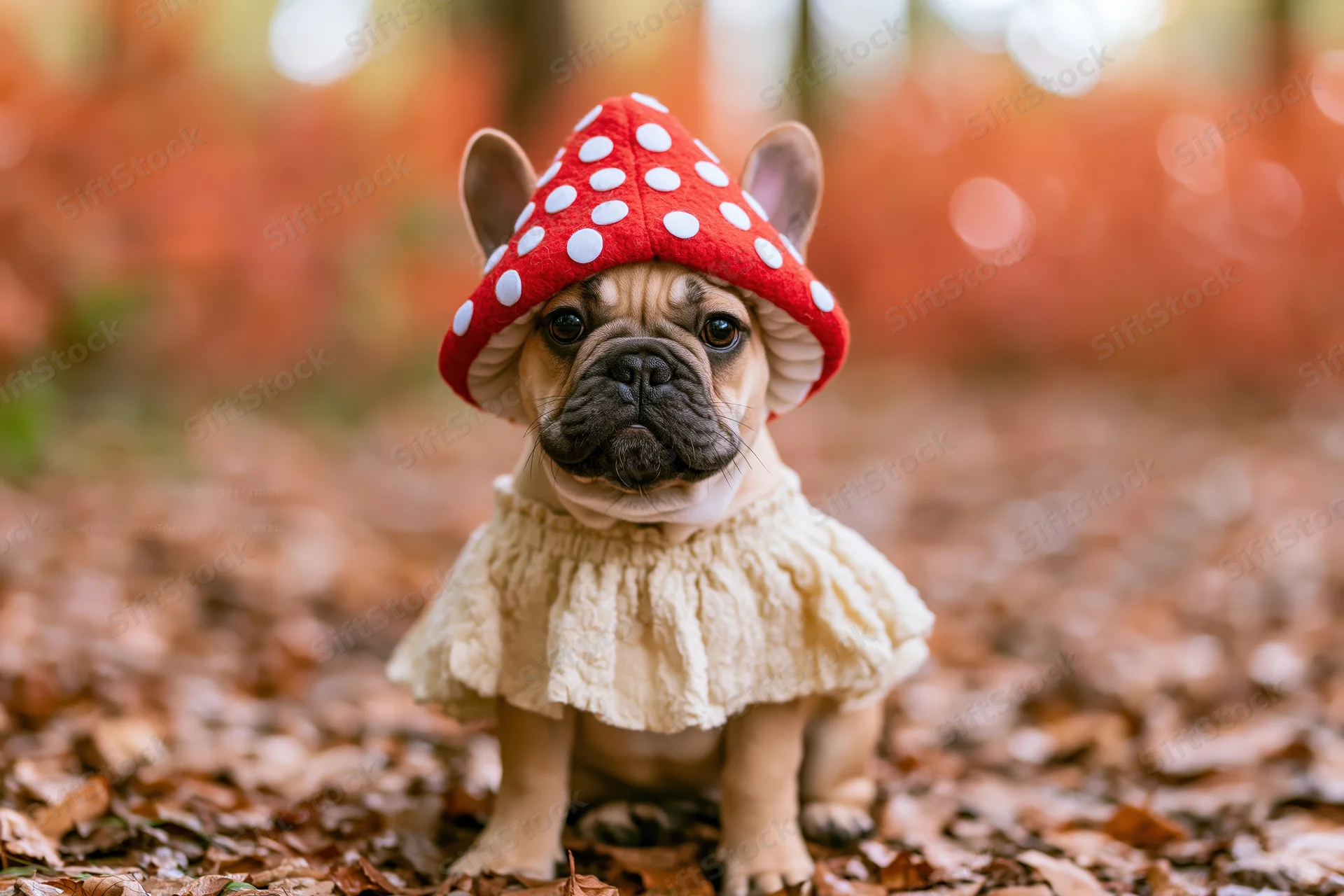 Fawn french bulldog puppy wearing red polka dot mushroom hat and cream frilly dress sitting on autumn leaves in forest