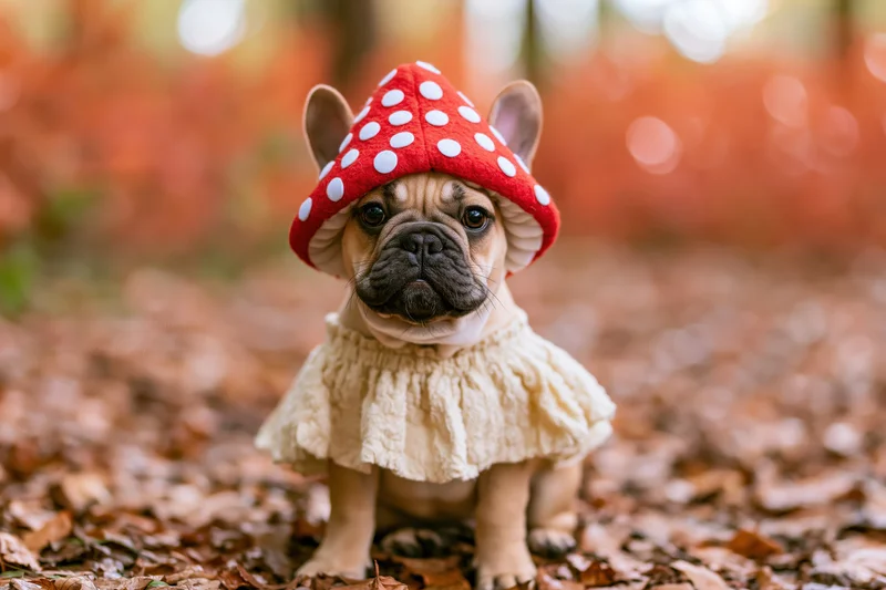 Fawn french bulldog puppy wearing red polka dot mushroom hat and cream frilly dress sitting on autumn leaves in forest