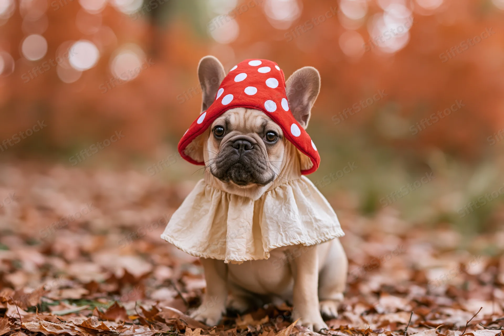 Fawn french bulldog wearing mushroom costume sitting on fallen leaves in autumn forest