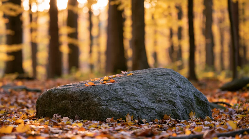 Large mossy boulder resting on forest floor covered in fallen autumn leaves