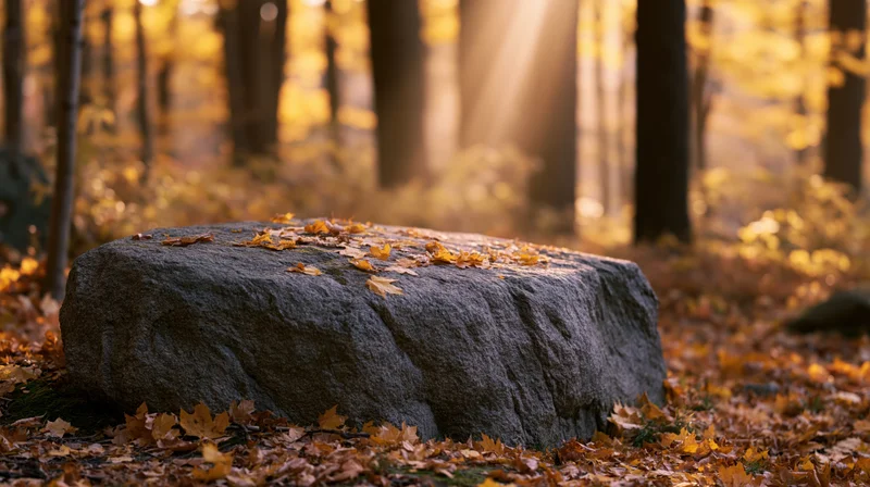 Large flat-topped rock covered in autumn leaves on a forest floor with sunlight filtering through trees