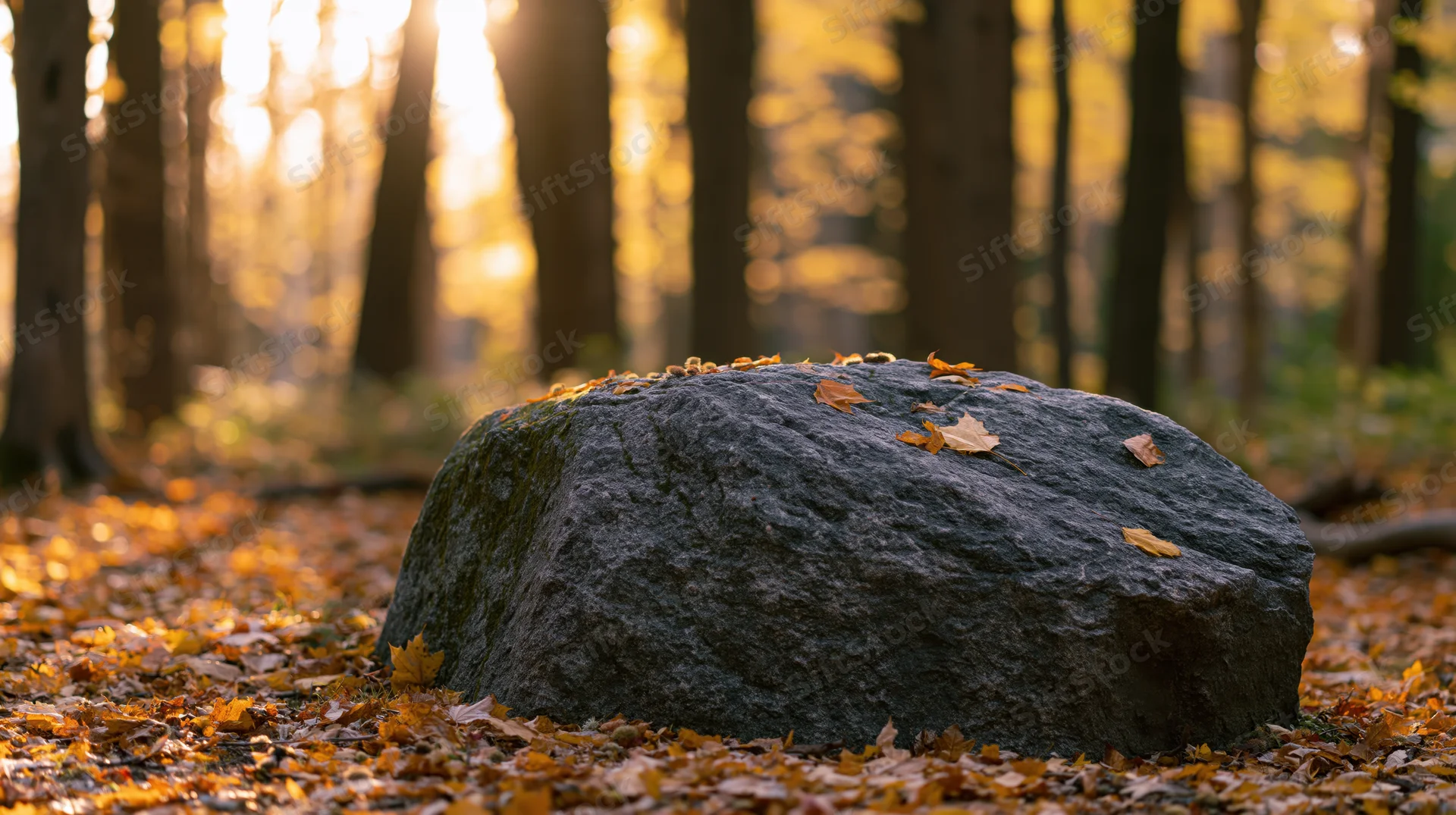 Mossy boulder resting on forest floor covered in autumn leaves with sunlight filtering through trees