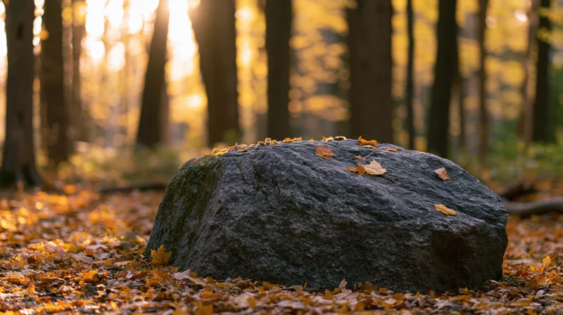 Mossy boulder resting on forest floor covered in autumn leaves with sunlight filtering through trees