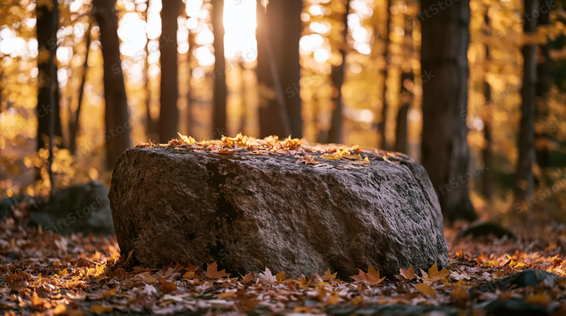 Large flat-topped rock covered in autumn leaves on forest floor with sunlight filtering through trees