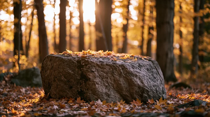 Large flat-topped rock covered in autumn leaves on forest floor with sunlight filtering through trees