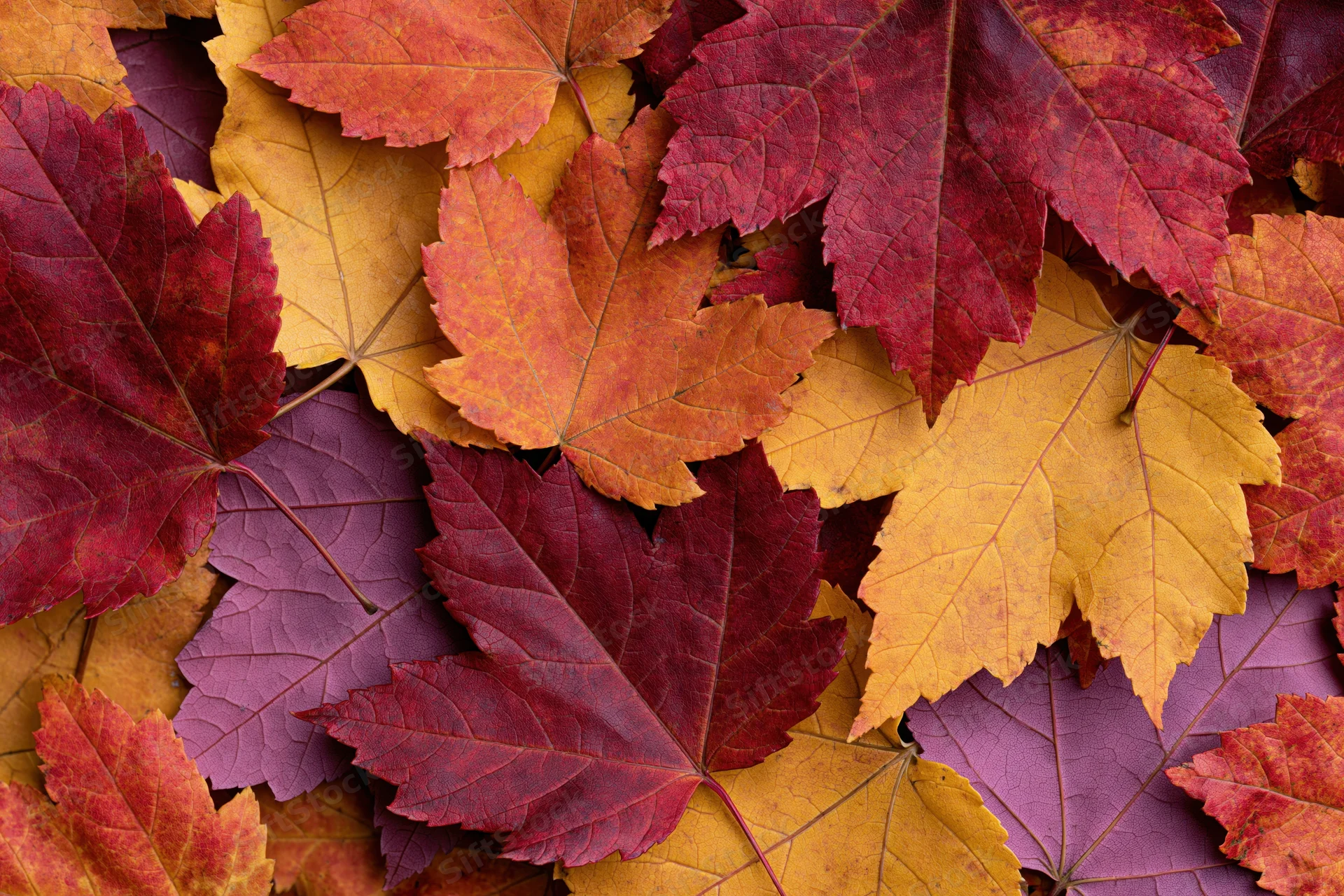 Flat lay of colorful maple leaves arranged closely together on ground