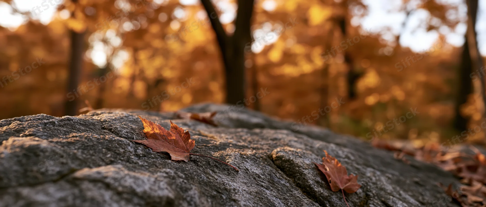 Fallen autumn leaves resting on a natural stone surface in a forest setting