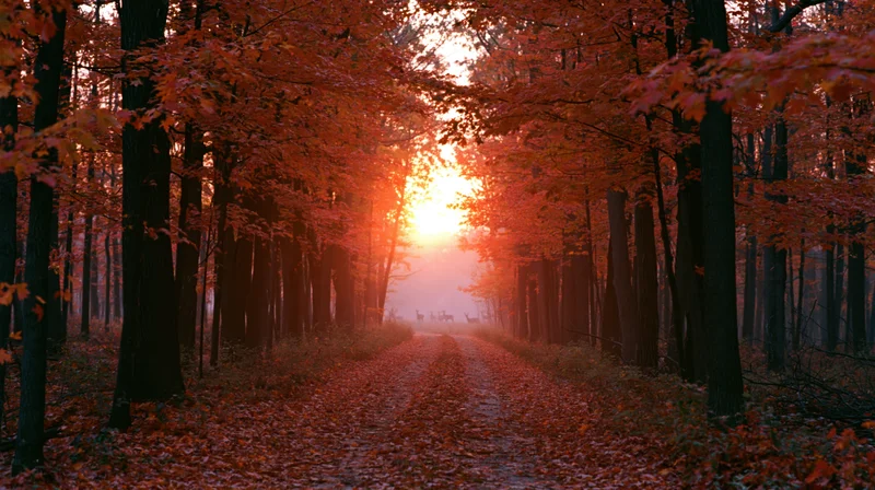 Forest path lined with maple trees in autumn foliage at sunset