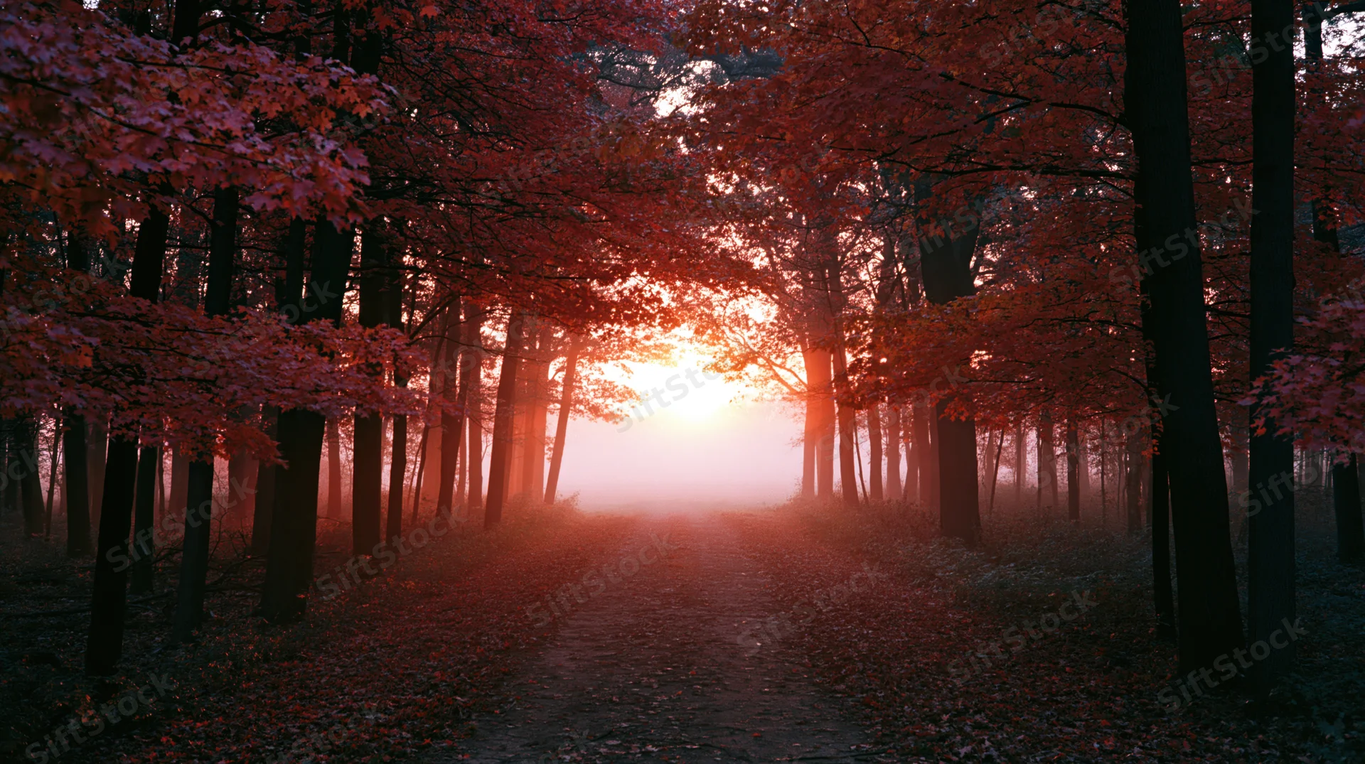 Forest path lined with maple trees in autumn foliage at sunset, misty light filtering through canopy