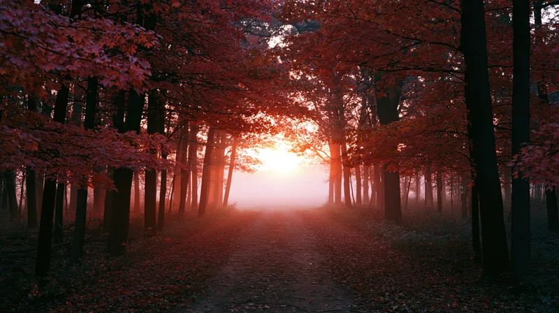 Forest path lined with maple trees in autumn foliage at sunset, misty light filtering through canopy