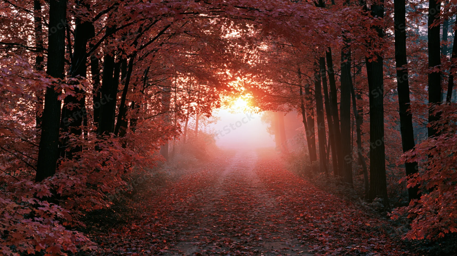 Forest path lined with maple trees in autumn foliage at sunrise, covered in fallen leaves under a canopy of red and orange leaves with misty light glowing through the trees