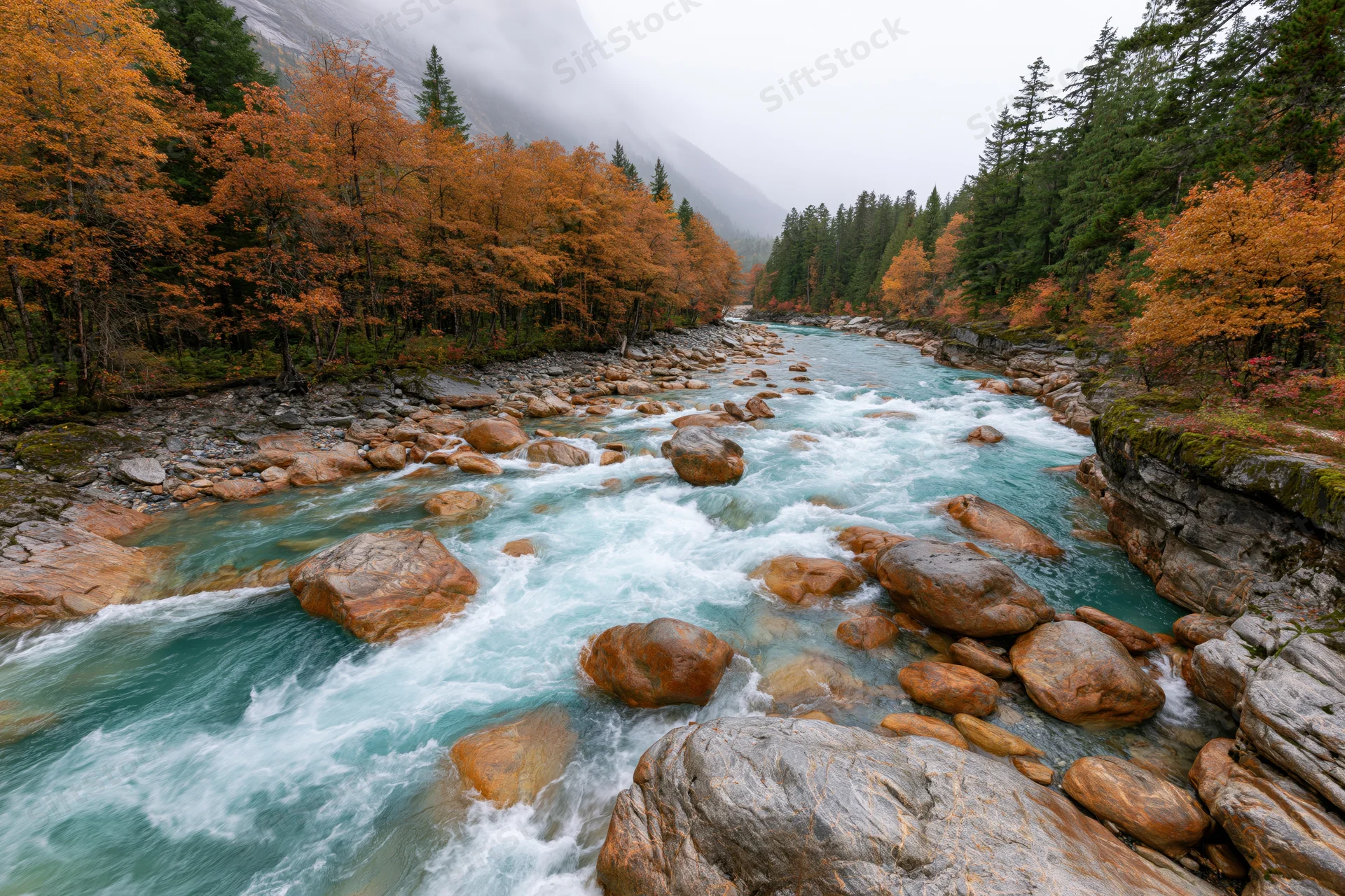 Glacial turquoise river rushing over rounded boulders through autumn forest in mountain valley