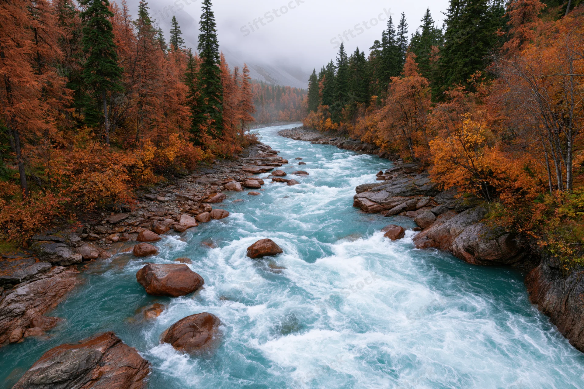 Glacial turquoise river rushing over rounded boulders through autumn forest in mountain valley