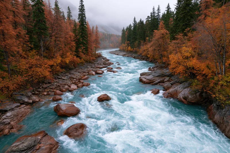 Glacial turquoise river rushing over rounded boulders through autumn forest in mountain valley