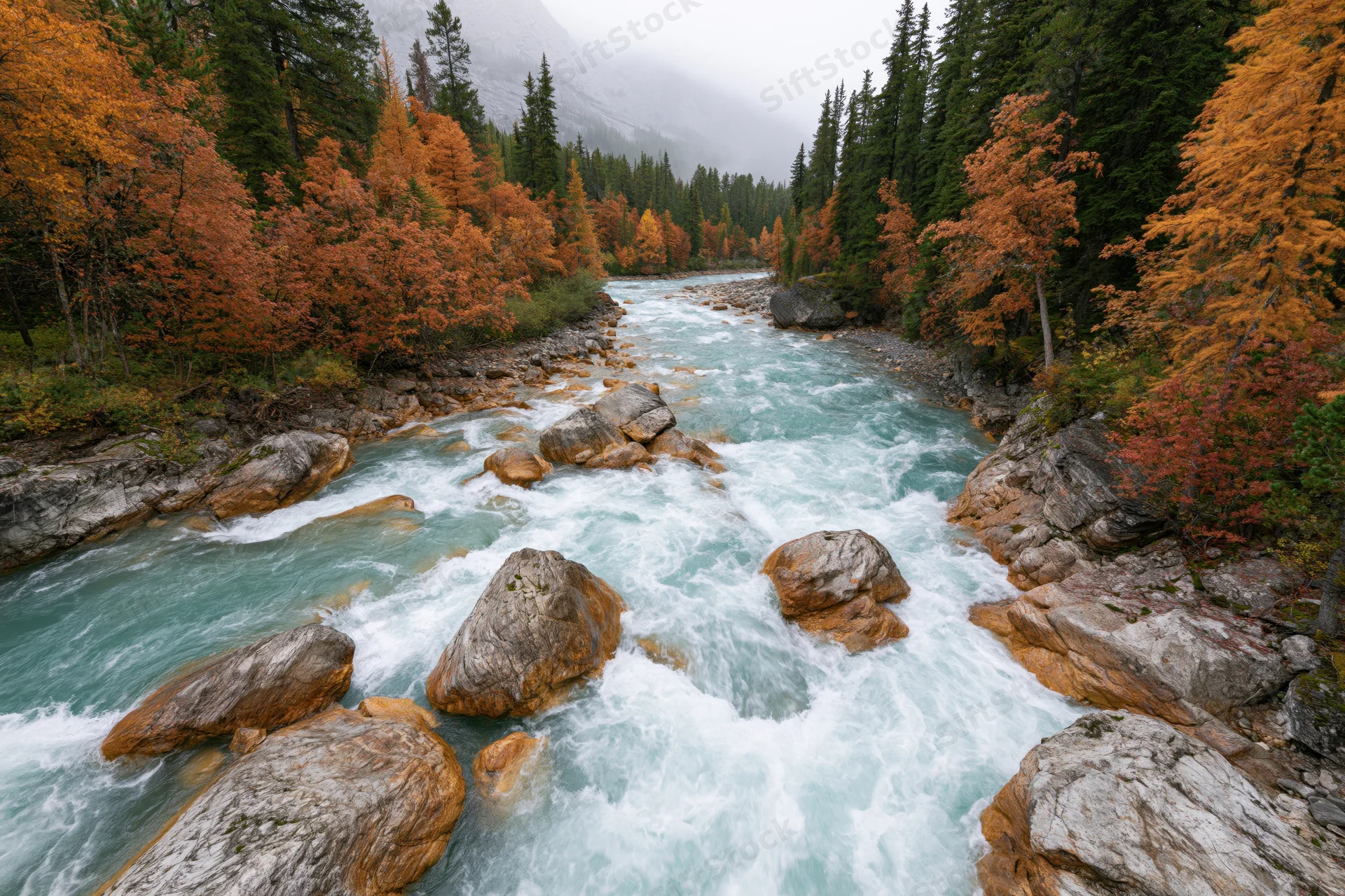 Glacial turquoise river rushing over rounded boulders through autumn forest in mountain valley