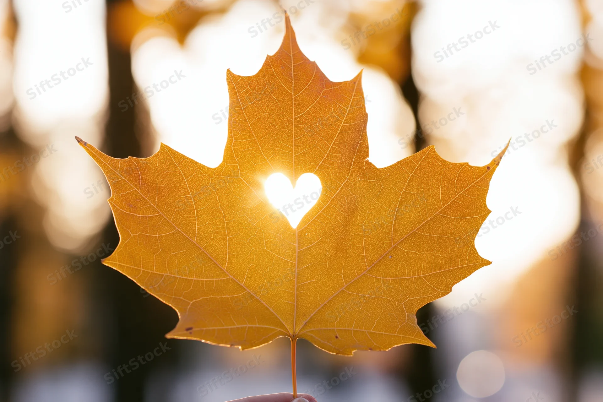 Hand holding golden maple leaf with heart-shaped hole against backlit sunlight in autumn forest