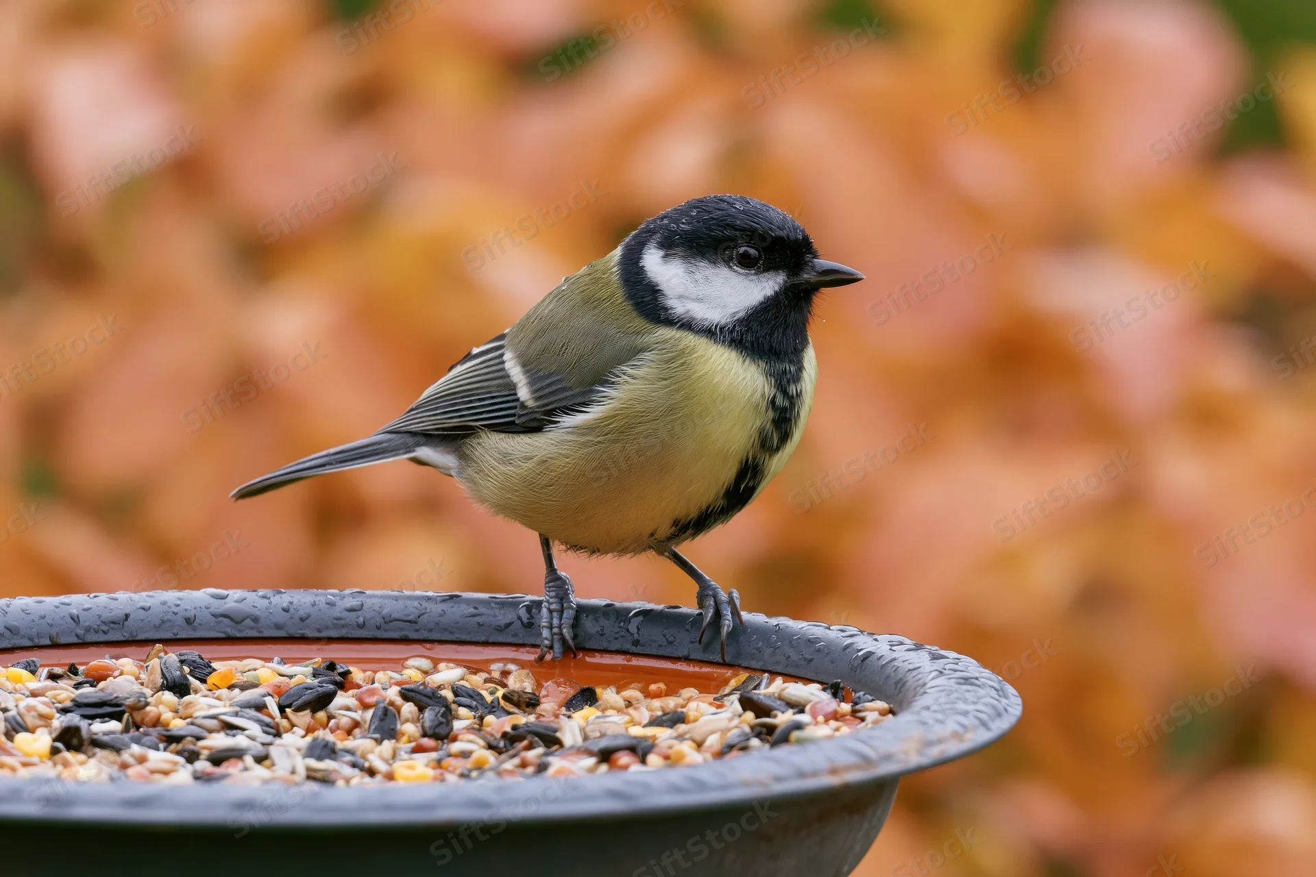 Great tit perched on a wet metal bird feeder filled with seeds in a garden with autumn foliage blurred in the background