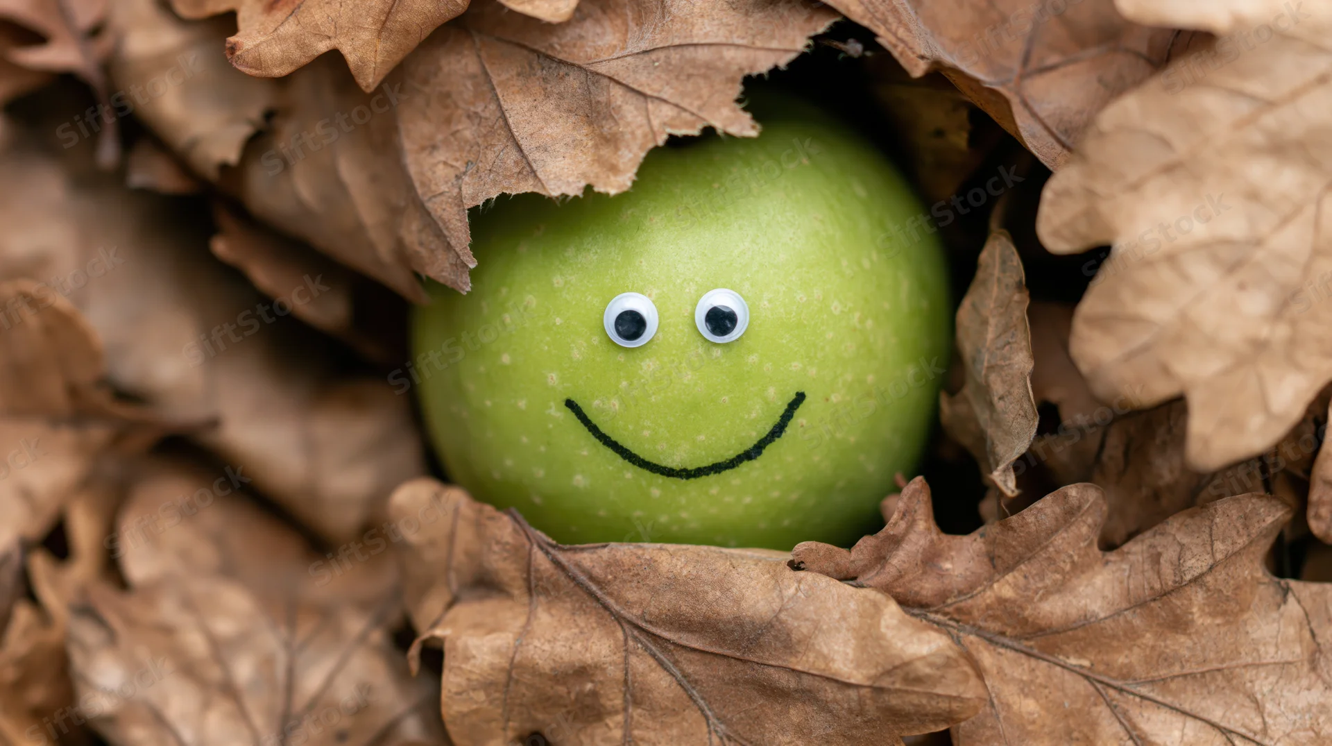 Green apple with googly eyes and smile nestled among dried autumn leaves