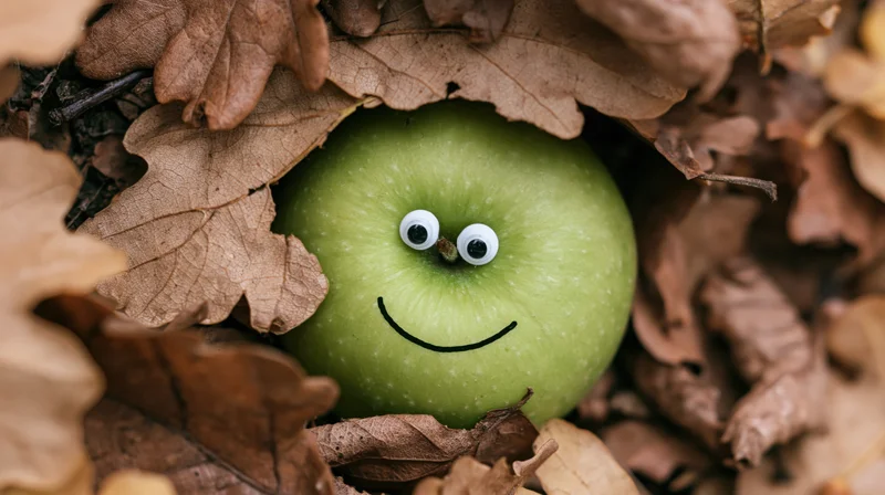 Green apple with googly eyes and smile nestled among dry autumn leaves on forest ground