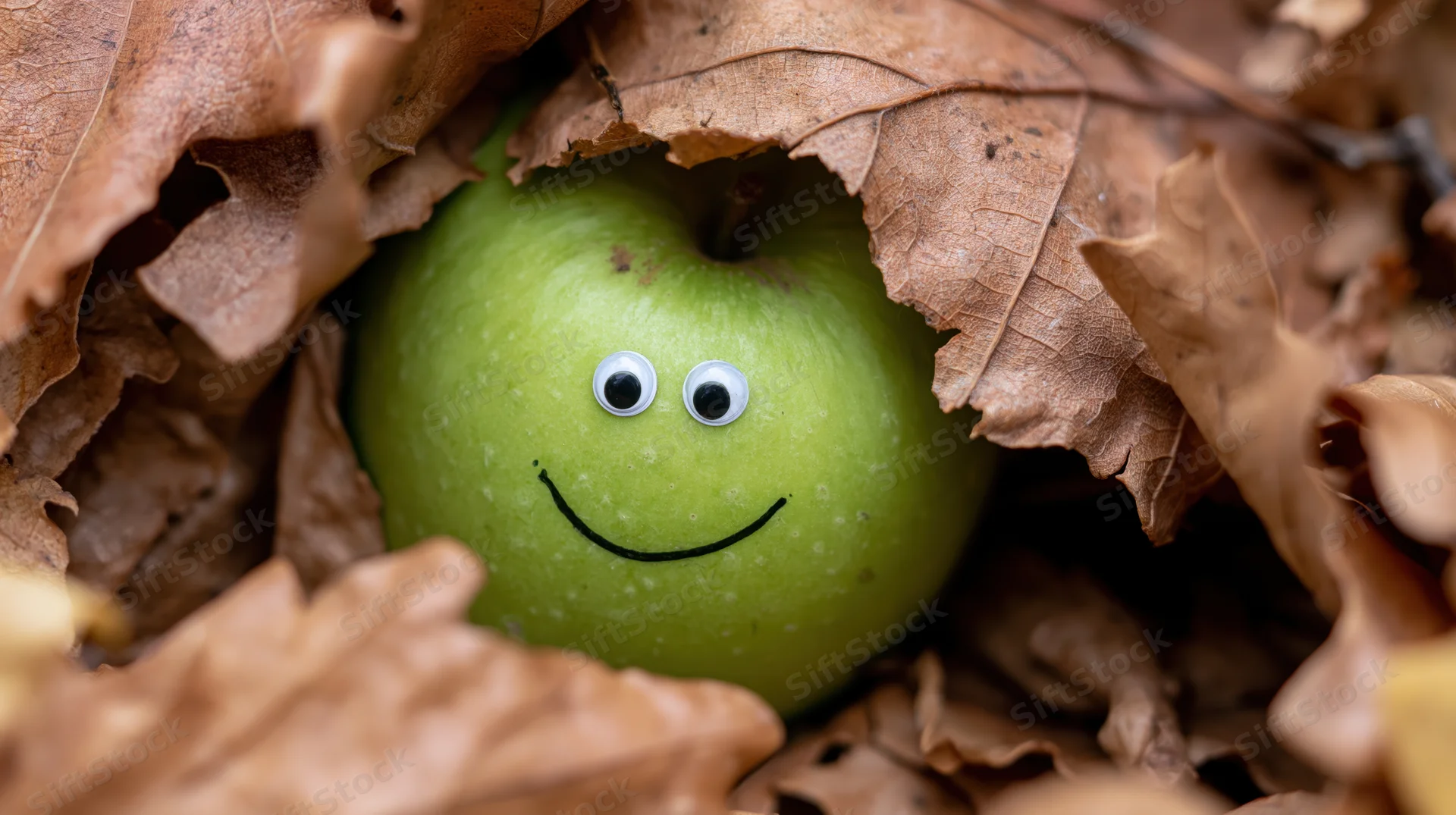 Green apple with googly eyes and smile nestled among dry autumn leaves on forest floor