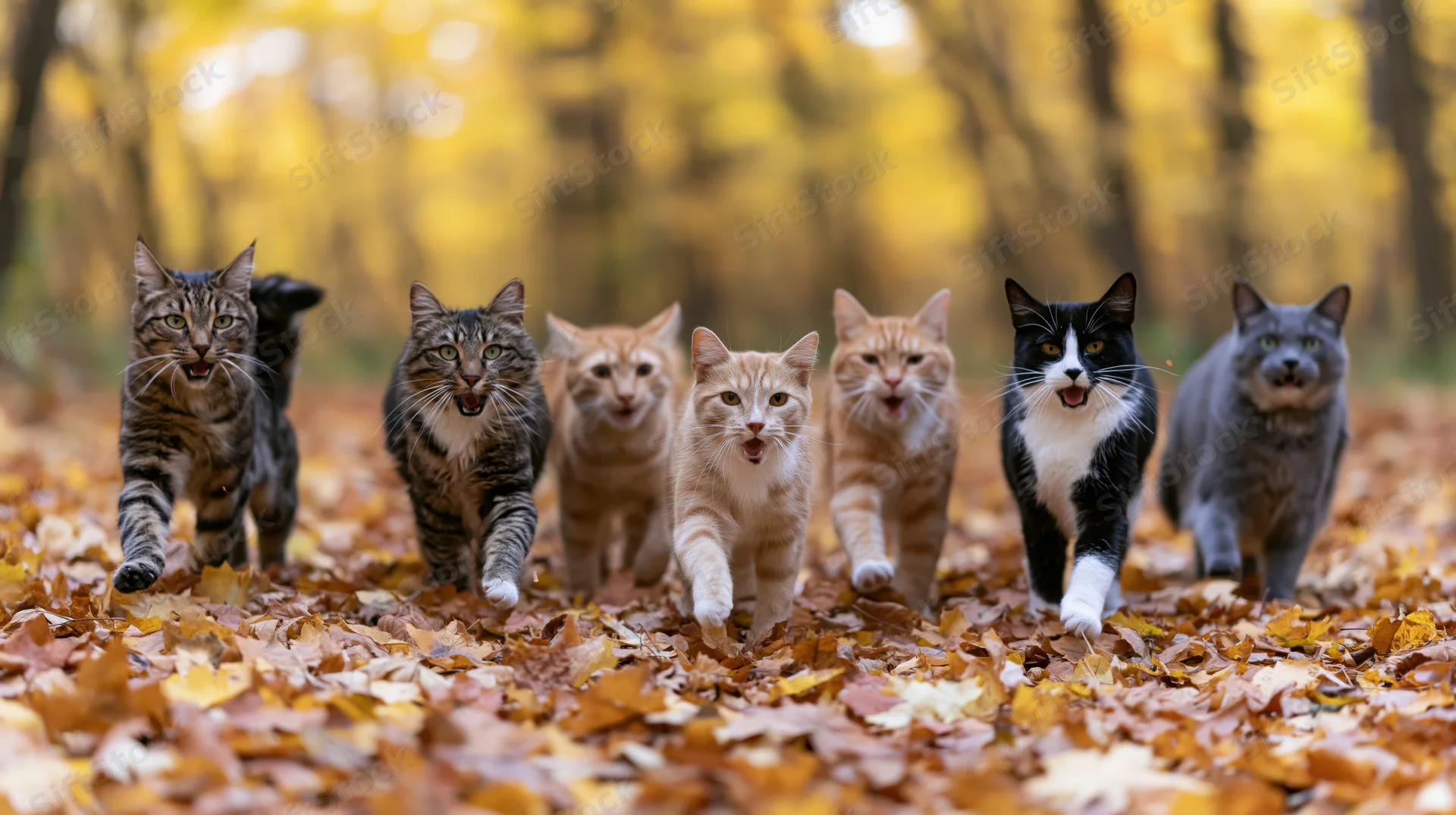 Six cats running toward camera on leaf-covered forest path in autumn