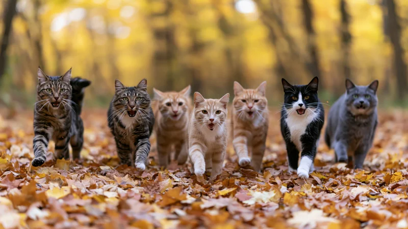Six cats running toward camera on leaf-covered forest path in autumn