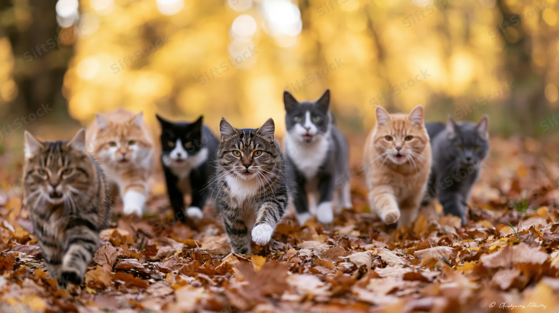 Six cats running toward the camera on a leaf-covered forest path in autumn