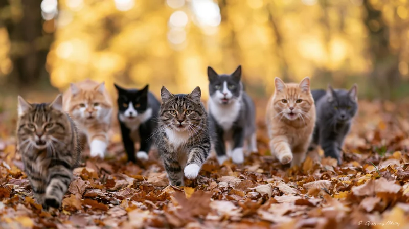 Six cats running toward the camera on a leaf-covered forest path in autumn