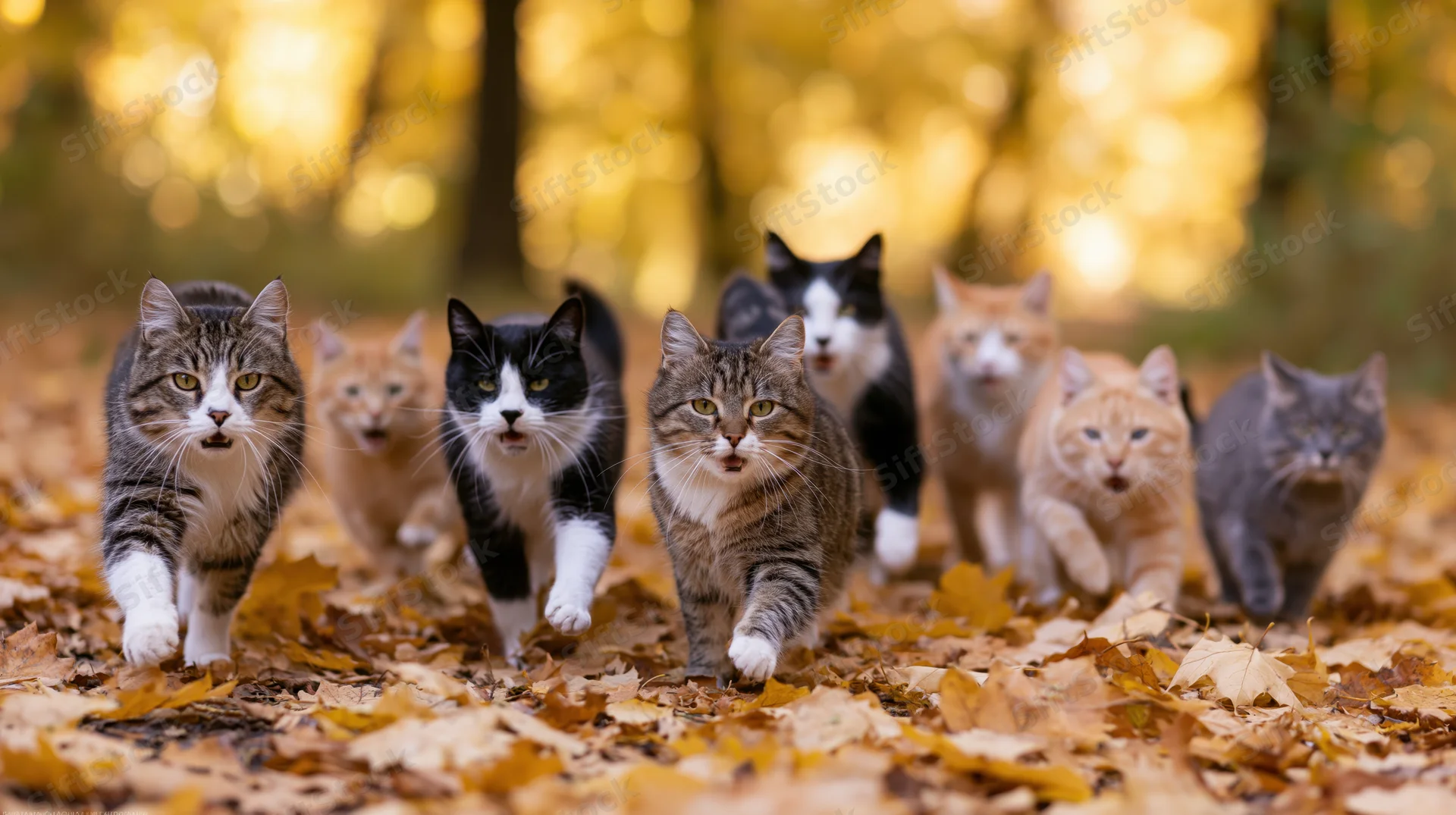 Group of cats running toward camera on leaf-covered forest floor in autumn