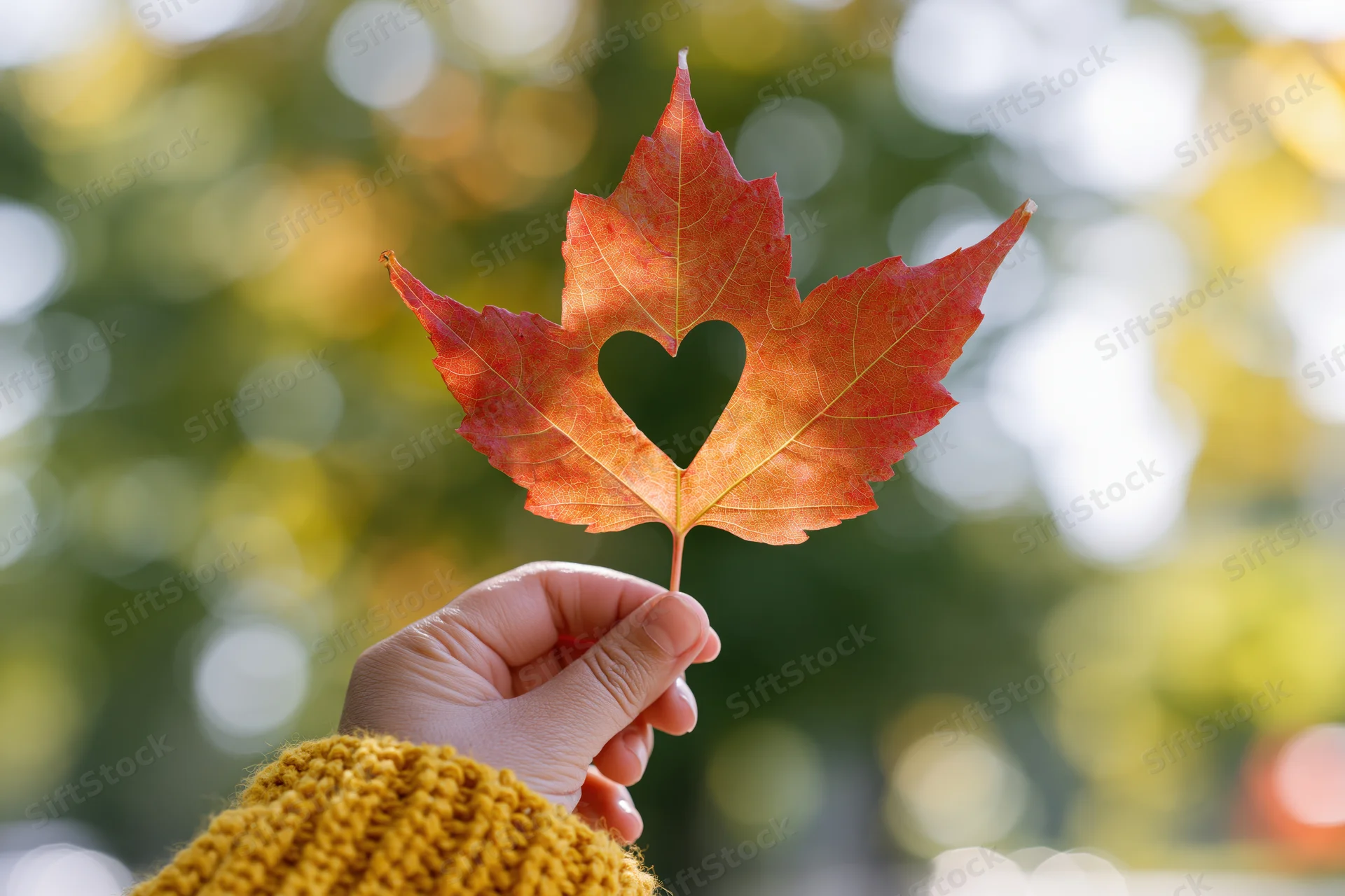 Hand holding red-orange maple leaf with heart-shaped hole against blurred autumn foliage background